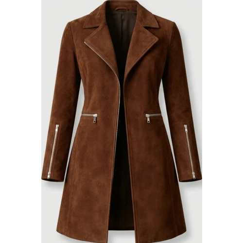 Women’s Brown Suede Longline Coat Elegant Button Front Design - Sialwear international