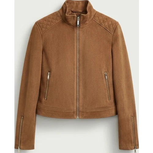 Tan Faux Suede Patch Pocket Leather Jacket Zip Front & Corduroy Collar - Sialwear International