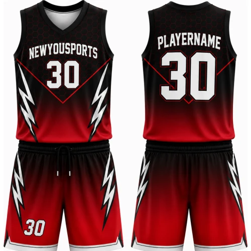 Uniforme de Baloncesto Rojo y Negro con Rayos