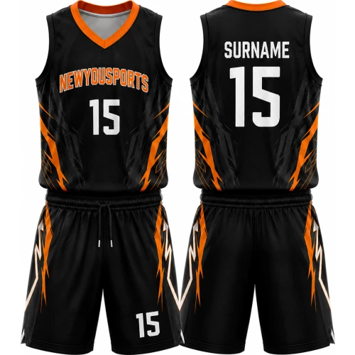 Uniforme de Baloncesto Negro y Naranja con Diseño de Rayos