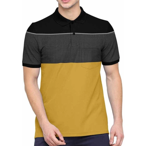 Polo Deportivo Mostaza y Negro con Diseño Geométrico