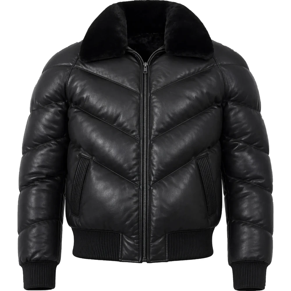 Men’s Black Sheepskin Leather Puffer Bomber Jacket – Removable Collar - Sialwear International