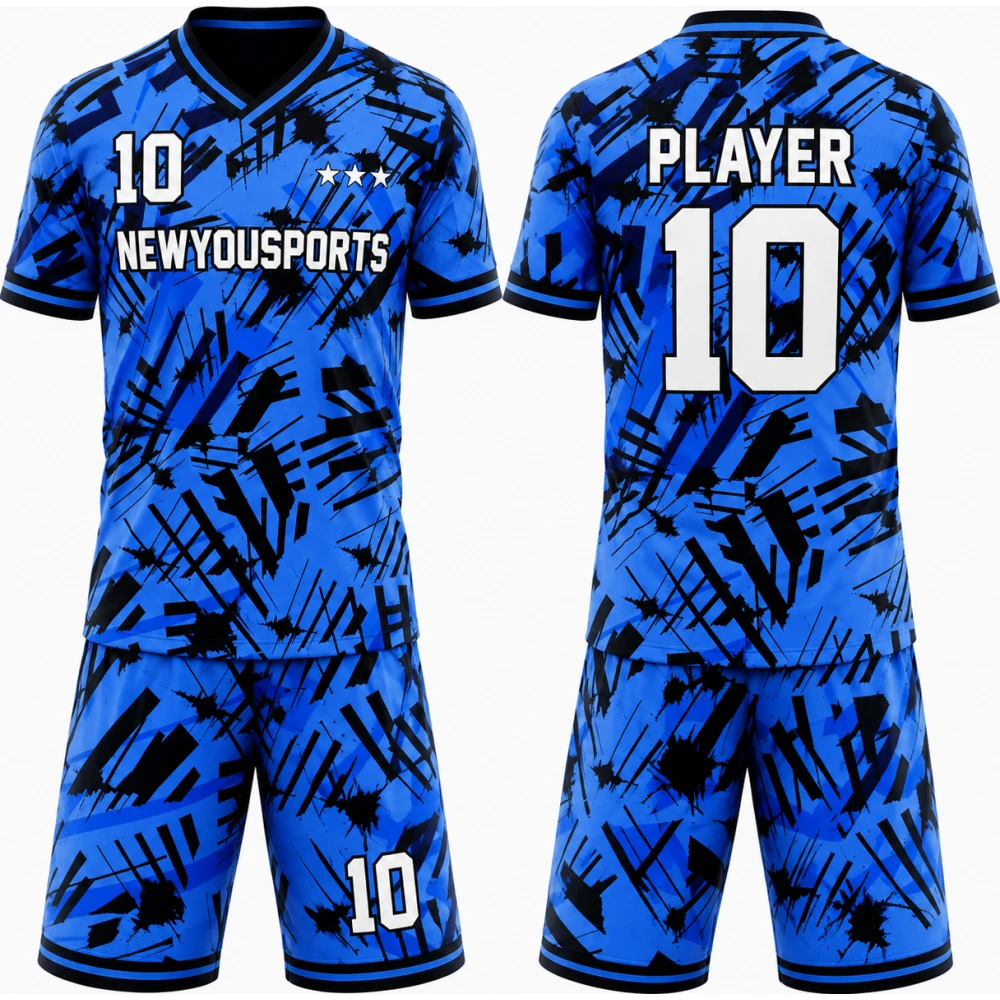Ensemble de Basketball Bleu Électrique à Motif Abstrait de Pinceaux