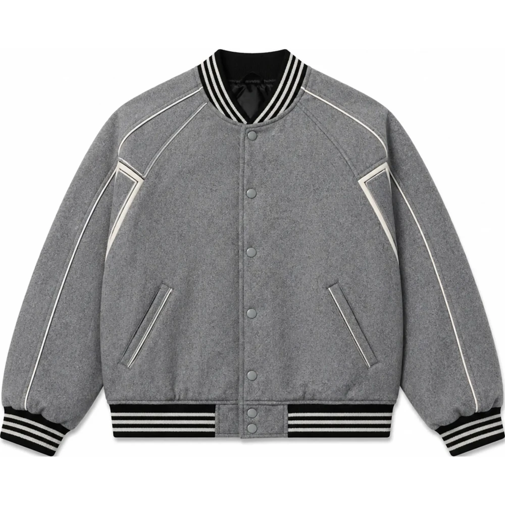 Grey Wool Varsity Jacket – Striped Ribbed Collar & Cuffs - Sialwear International