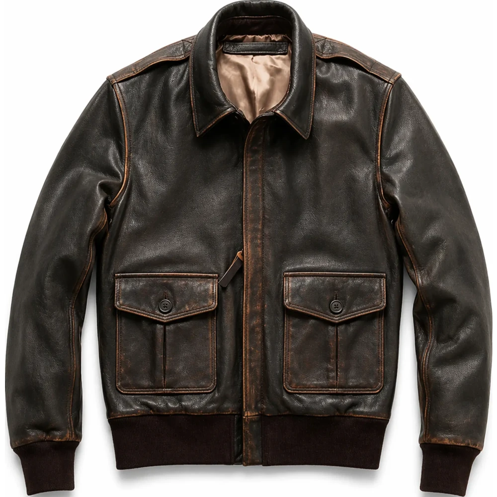 Men’s Distressed Brown Cowhide A2 Leather Bomber Jacket – Military Style - Sialwear International