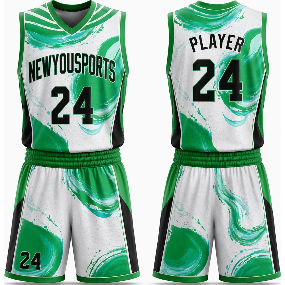 Green Abstract Swirl Basketball Uniform Set