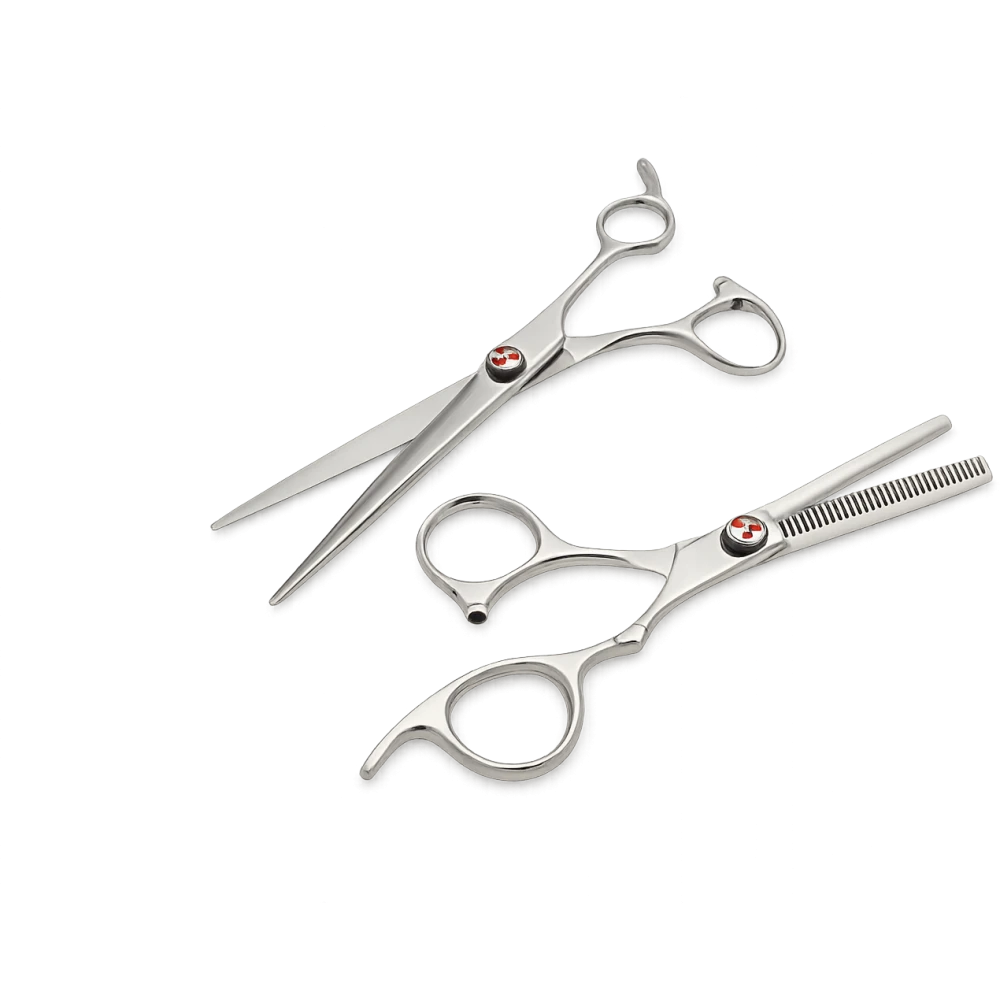 Set Profesional de Tijeras de Corte y Entresacar para Barbería en Acero Inoxidable J2-420 con Mangos Offset Ergonómicos