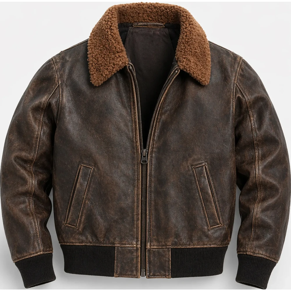 Men’s Distressed Brown Leather Flight Bomber Jacket – Shearling Collar - Sialwear International