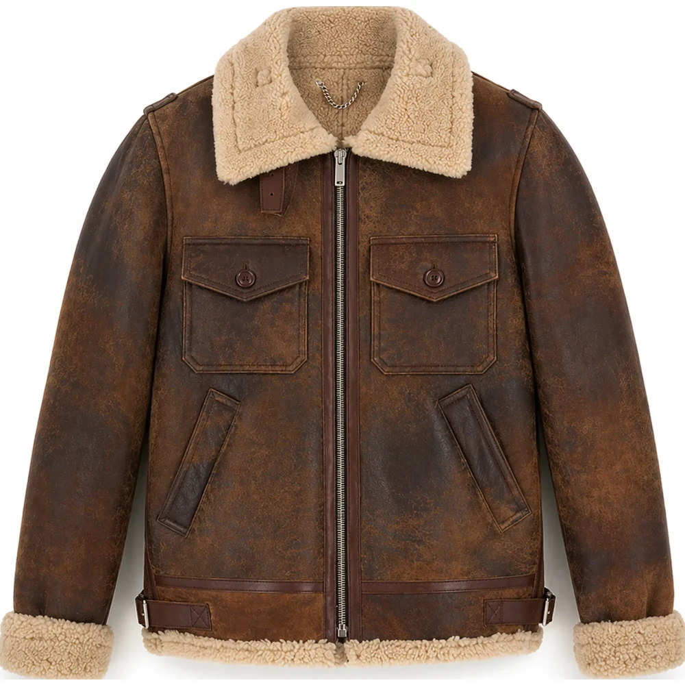 Men’s Brown Distressed Shearling Leather Jacket – Contrast Collar & Lining - Sialwear International