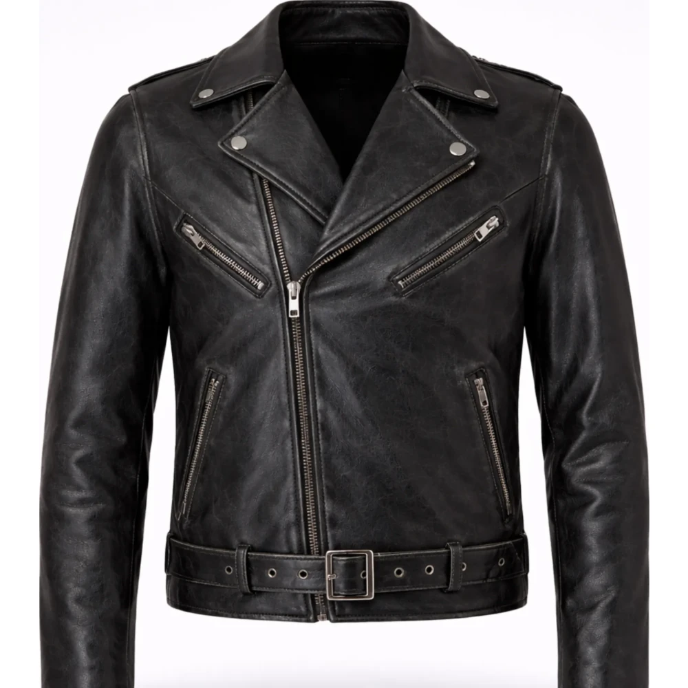 Black Distressed Genuine Leather Motorcycle Jacket – Brando Style- Sialwear International