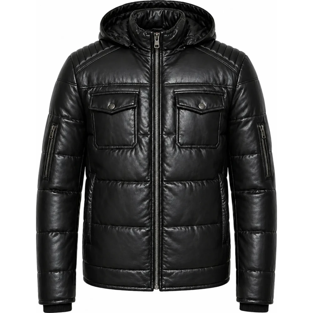 Men’s Black Lambskin Leather Puffer Jacket – Detachable Hood & Quilted - Sialwear International