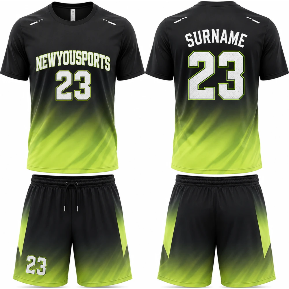 Schwarzes Performance Trikot- und Short-Set mit Neonverlauf