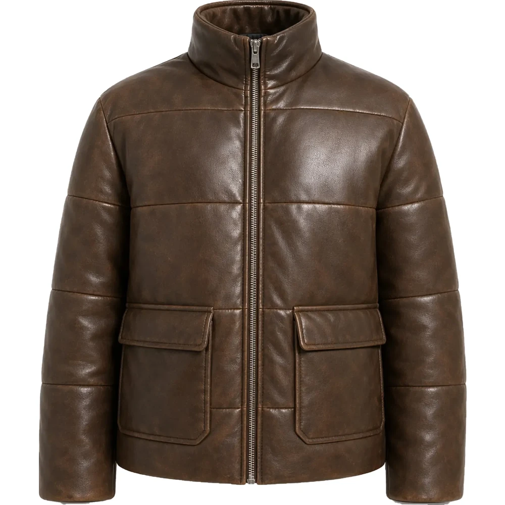 Women’s Brown Washed Faux Leather Puffer Jacket – Quilted Style - Sialwear International