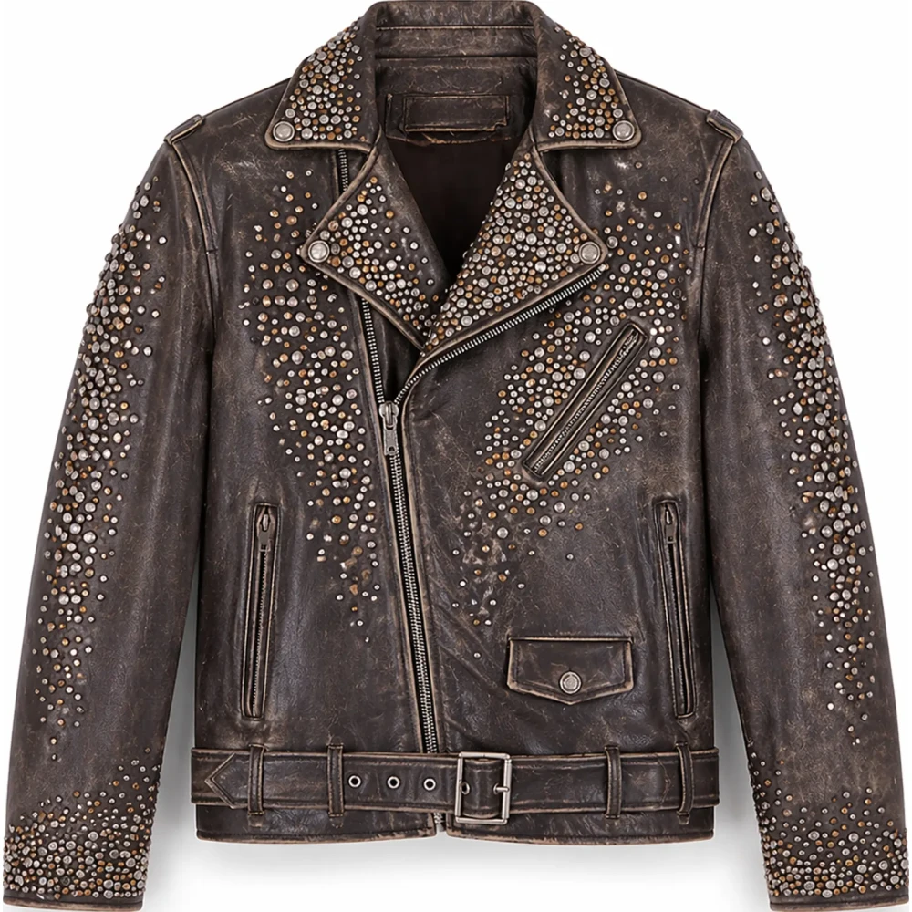 Men’s Brown Studded Distressed Lambskin Leather Biker Jacket - Sialwear International