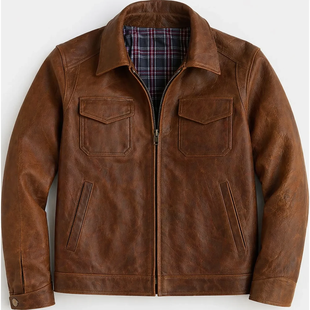 Men’s Brown Lambskin Leather Trucker Biker Jacket – Distressed Waxed - Sialwear International