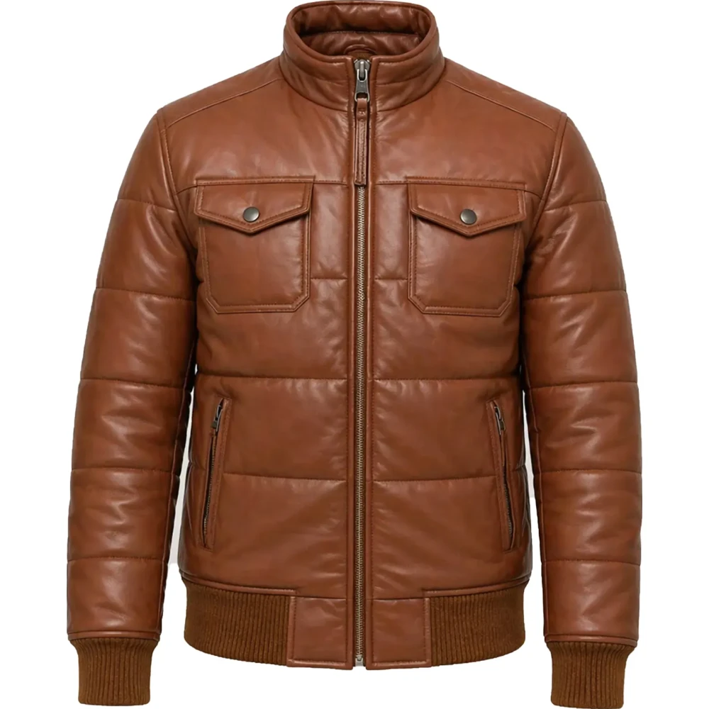 Men’s Brown Sheepskin Leather Puffer Bomber Jacket – High Neck Style - Sialwear International