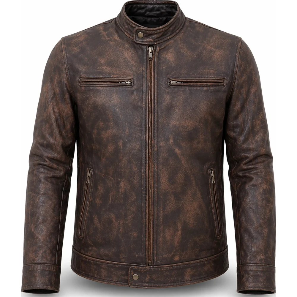 Men’s Faded Brown Distressed Leather Jacket – Vintage Casual Style - Sialwear International