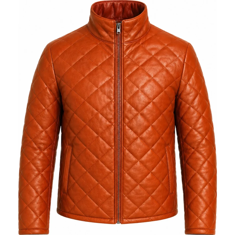 Men’s Tan Brown Lambskin Leather Puffer Jacket – Quilted Winter Coat - Sialwear International