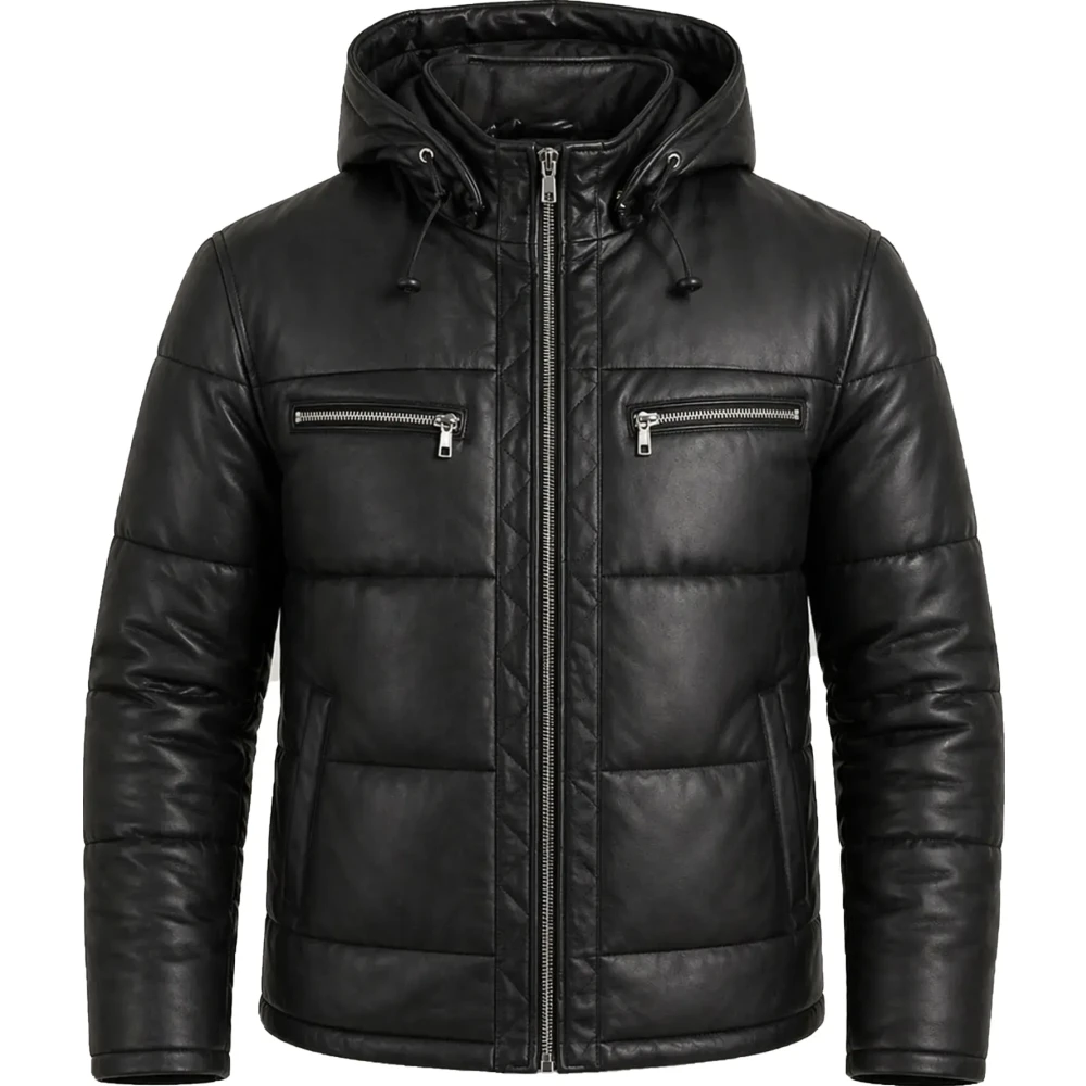 Men’s Black Genuine Leather Puffer Jacket – Hooded Quilted Winter Coat - Sialwear International