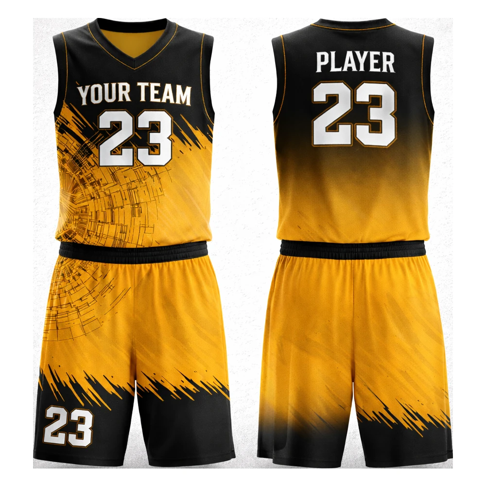 Schwarz-Gelbes Basketballuniform mit Farbverlauf und Brush-Design
