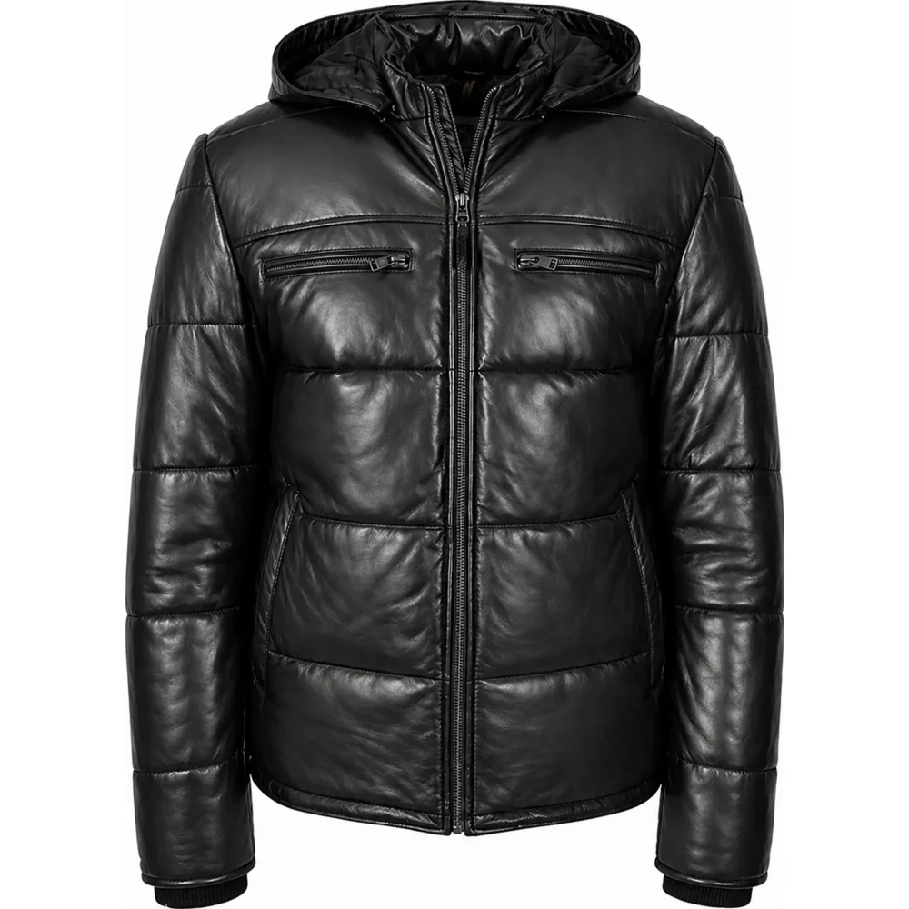 Men’s Black Real Leather Puffer Jacket – Detachable Hood & Quilted Fit - Sialwear International