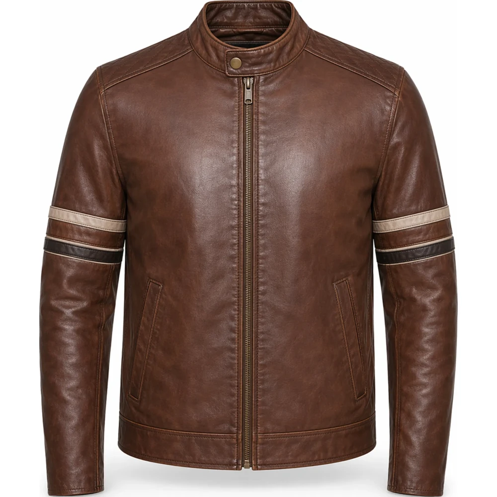 Men’s Cognac Lambskin Leather Biker Jacket – Dual Stripe Moto Style - Sialwear international