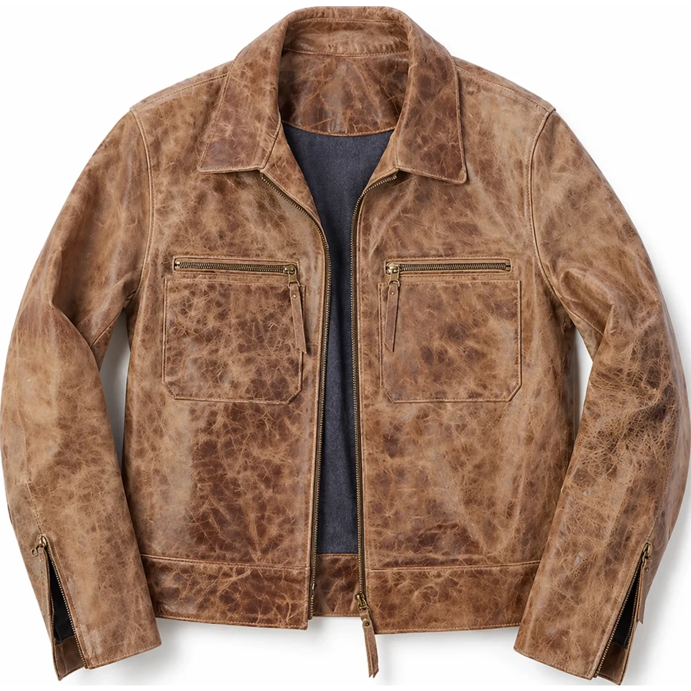 Men’s Brown Distressed Horsehide Leather Jacket – Vintage Two Pocket- Sialwear International