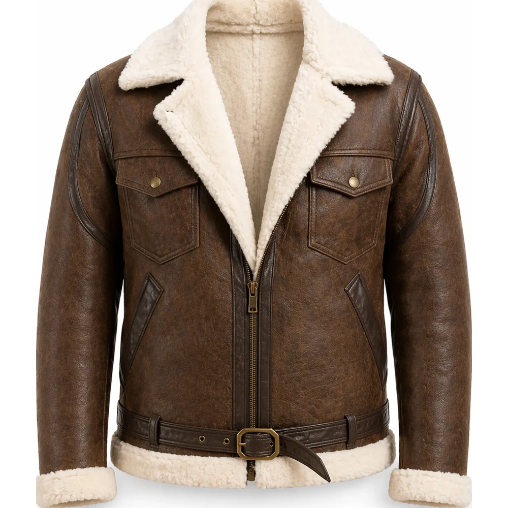 Distressed Brown Sheepskin Double Face Shearling Leather Jacket - Sialwear International