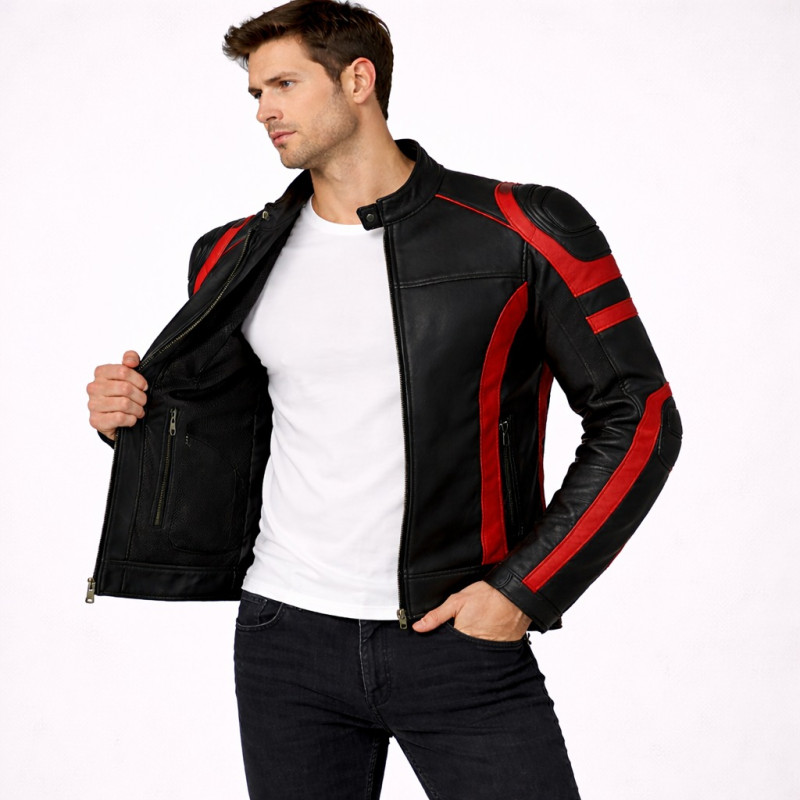 Herren Schwarz Rote Motorrad Lederjacke Zentro Leather