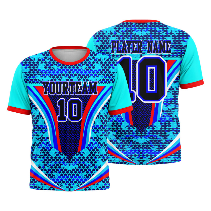 Aangepast Gesublimeerd Sportshirt Met Blauw Hexagon Tech Ontwerp