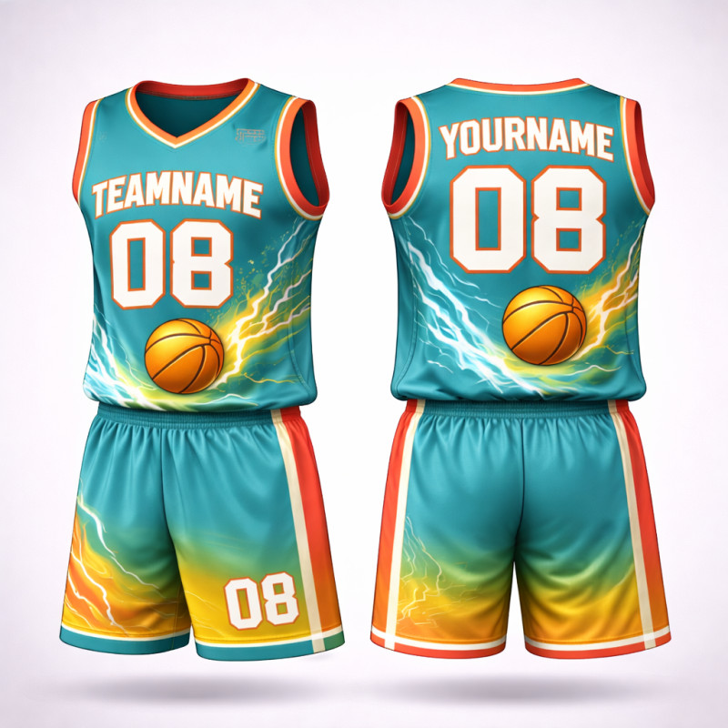 Custom Sublimated Basketball Uniform Set With Teal, Orange And Electric Lightning Design, Jersey And Shorts