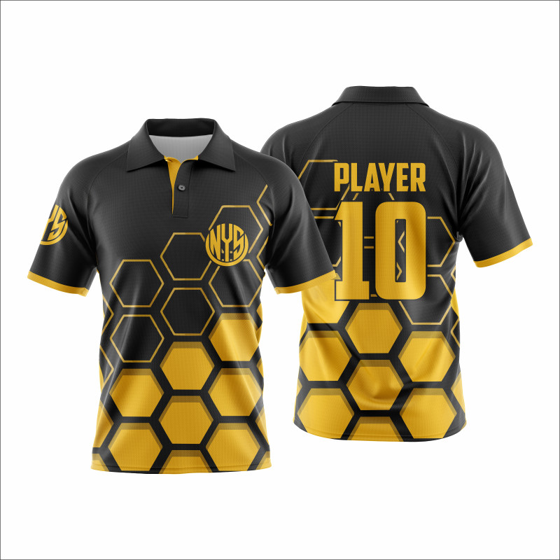 Schwarz-Goldenes Raglan-Polo mit Sechseckigem Waben-Design