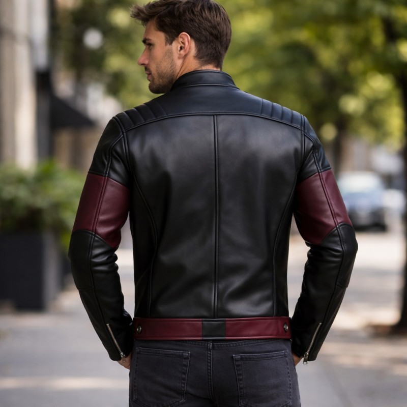 Herren Schwarze Leder Cafe Racer Jacke Mit Burgunder Details Zentro Leather