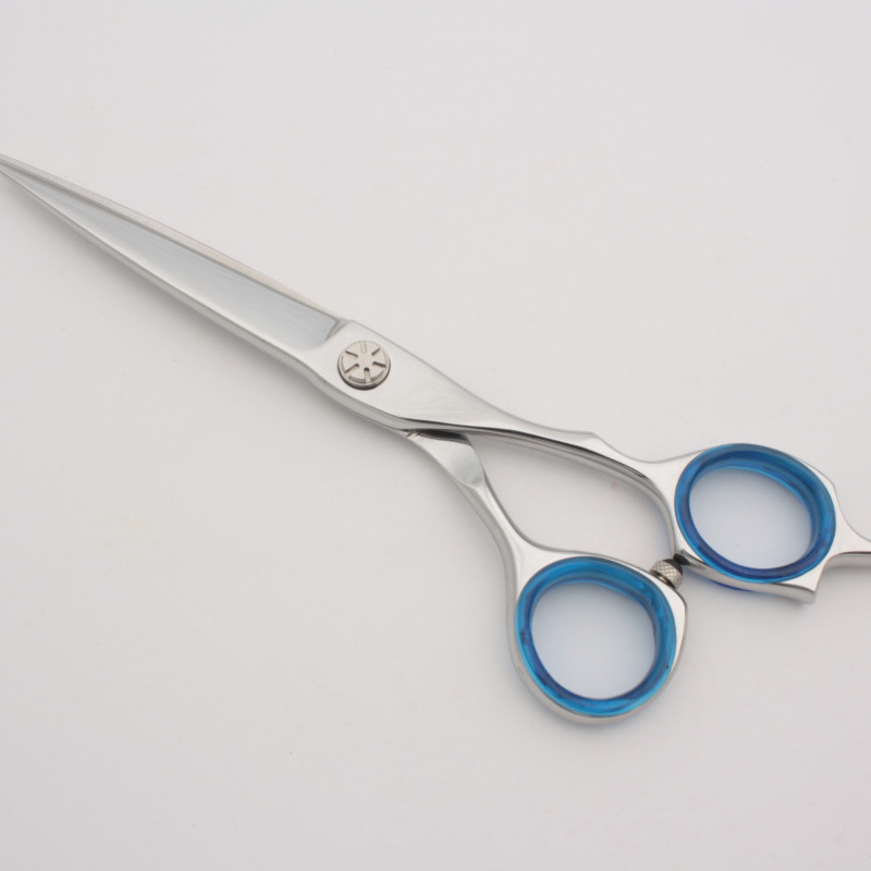 Professional Offset Precision Barber Cutting Shears with Blue Ergonomic Finger Inserts and Slim Tapered Blade Geometry Manufactured from J2-420 Stainless Steel for Smooth, Accurate and Controlled Daily Barbering Performance