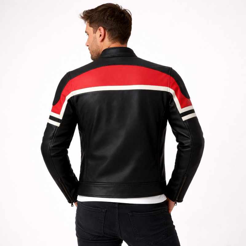 Premium Men Black Red And White Cafe Racer Leather Jacket Zentro Leather Design