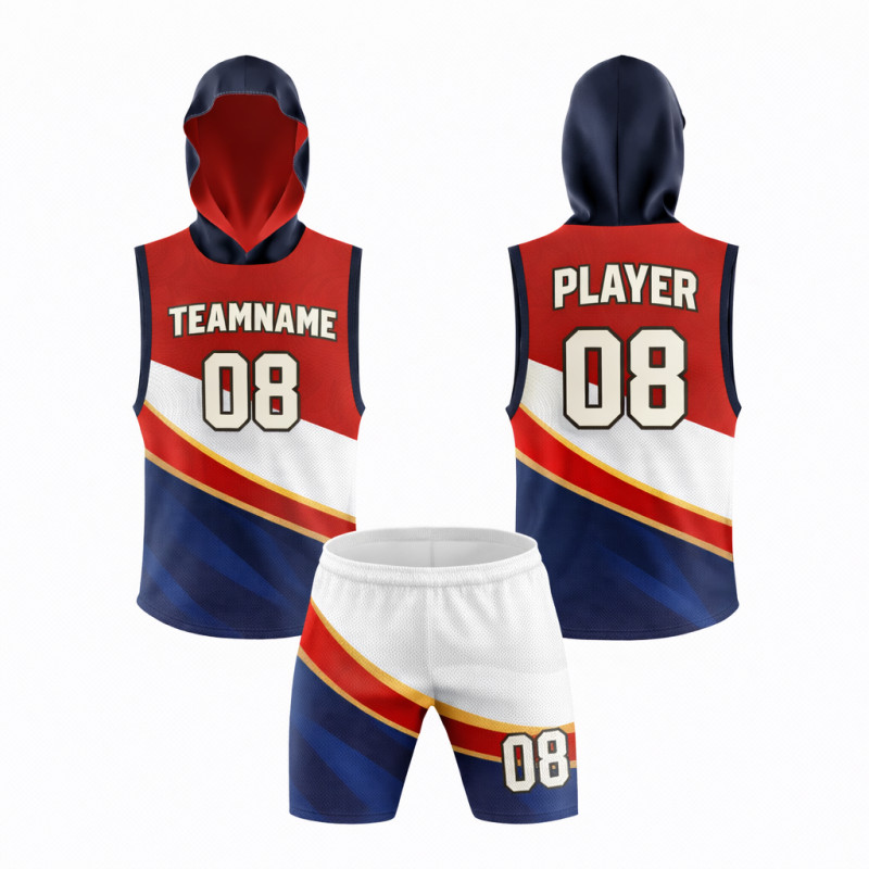 Custom Sublimated Basketball Uniform Set With Red White And Navy Classic Stripe Design And Sleeveless Hood
