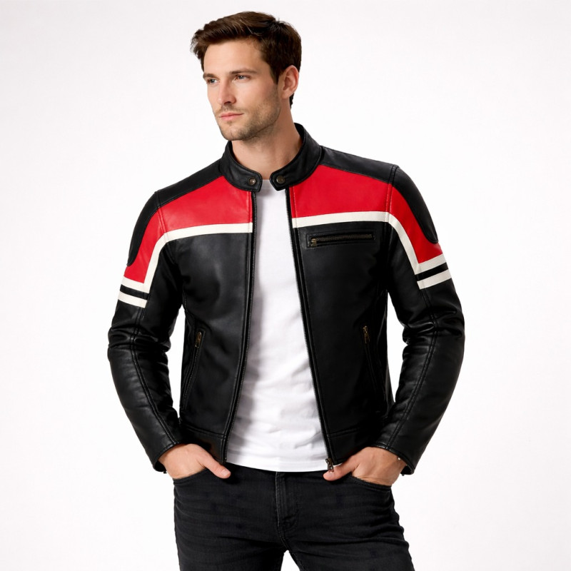 Premium Men Black Red And White Cafe Racer Leather Jacket Zentro Leather Design