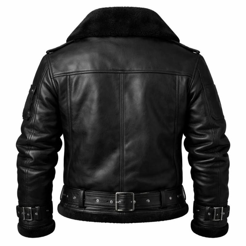 Chaqueta Aviador De Cuero Negro Con Shearling Y Cinturón Zentro Leather