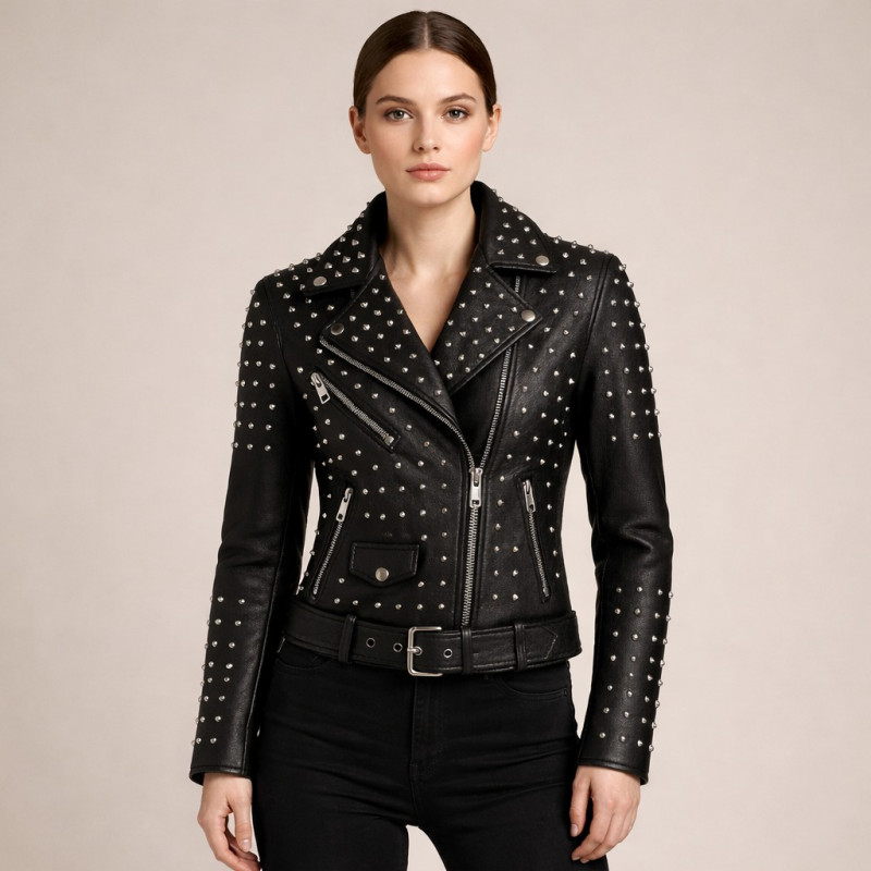 Damen Schwarze Leder Bikerjacke Mit Nieten Zentro Leather