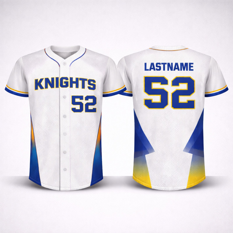Custom Sublimated Baseball Jersey With White Royal Blue And Gold Knights Power Fade Design