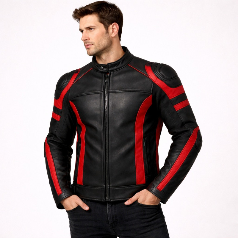 Herren Schwarz Rote Motorrad Lederjacke Zentro Leather