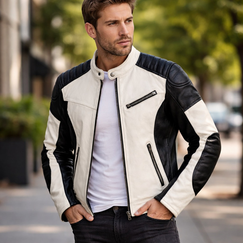 Herren Weiß Schwarze Cafe Racer Lederjacke Zentro Leather