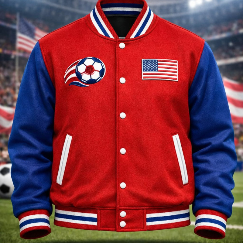 Premium Men Red And Blue Soccer Varsity Jacket Zentro Leather Design