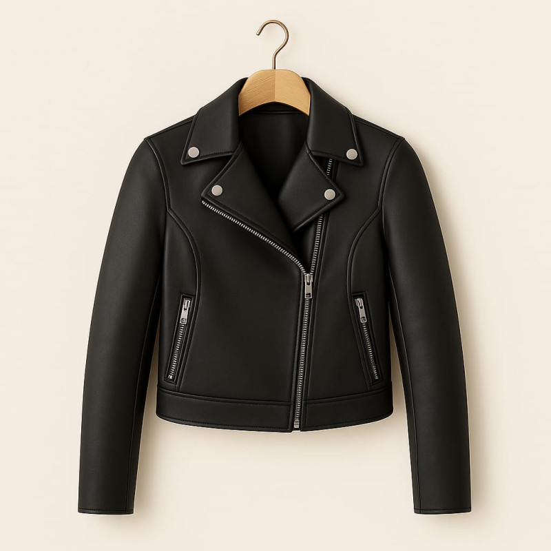 Black Leather Biker Jacket With Classic Lapel, Front Zipper Closure And Premium Sleek Finish