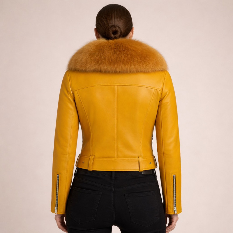 Damen Senfgelbe Leder Bikerjacke Mit Pelzkragen Zentro Leather