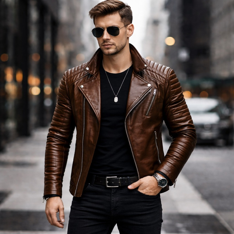 Premium Men Brown Quilted Shoulder Biker Leather Jacket Zentro Leather Design