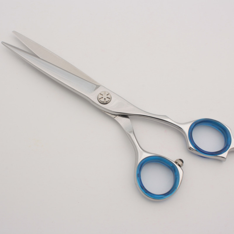 Professional Offset Precision Barber Cutting Shears with Blue Ergonomic Finger Inserts and Slim Tapered Blade Geometry Manufactured from J2-420 Stainless Steel for Smooth, Accurate and Controlled Daily Barbering Performance