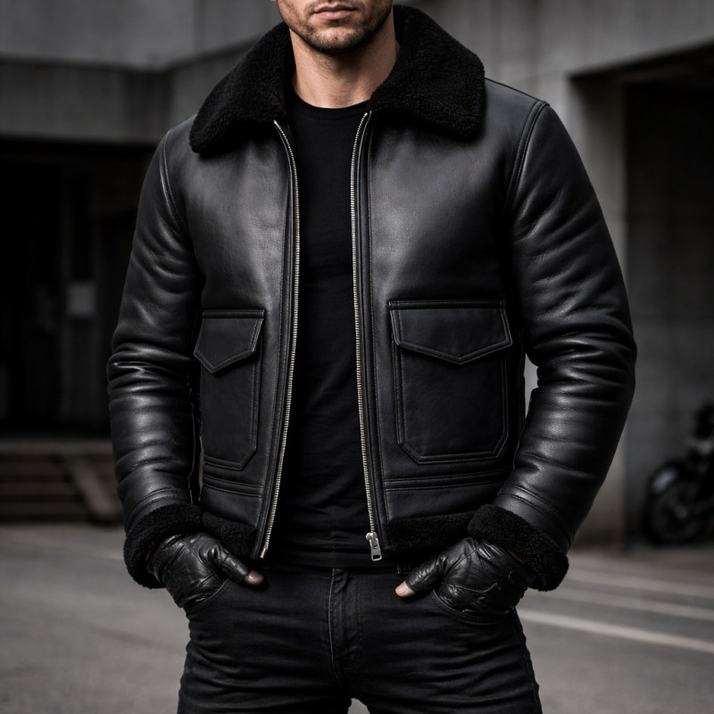 Chaqueta Bomber De Cuero Negro Con Forro De Borrego Zentro Leather