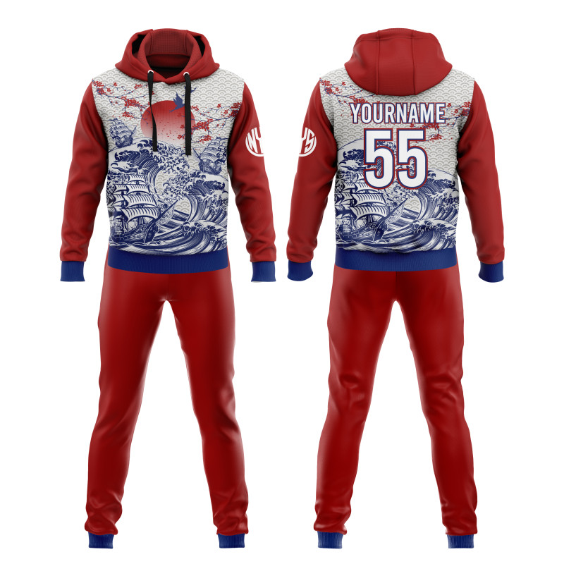 Survêtement Personnalisé à Vagues Japonaises en Rouge et Bleu Marine avec Hoodie et Pantalon de Sport
