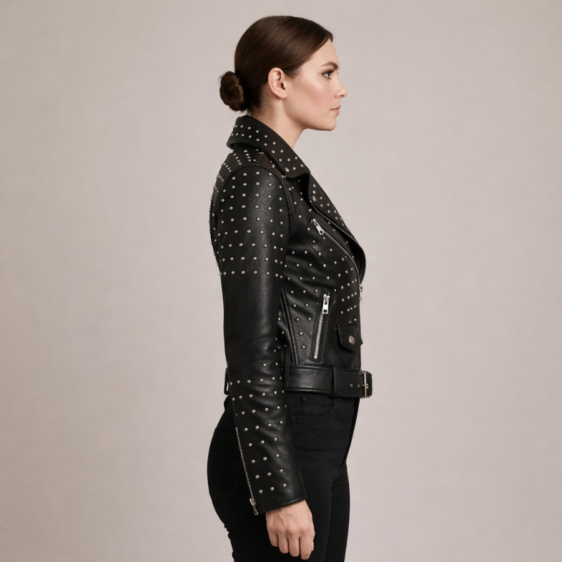 Damen Schwarze Leder Bikerjacke Mit Nieten Zentro Leather
